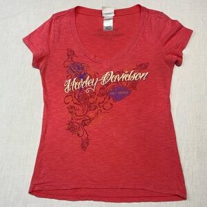 Harley Davidson Women’s Coral Rose Floral Graphic Tee Size S Y2K